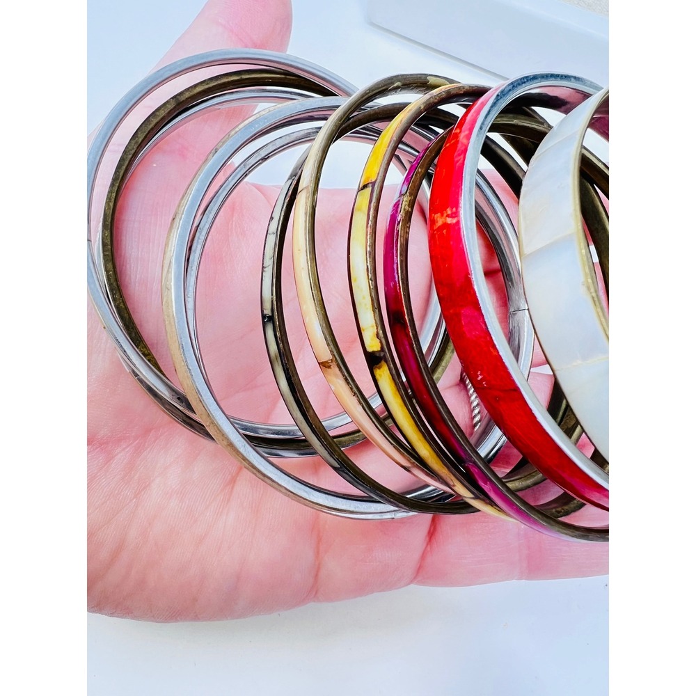 Vintage l Shell Multicolor Inlay Bangle & Cuff Bracelet Lot of 18 - Picture 10 of 16